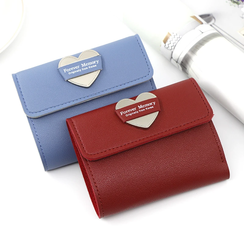 Ladies Wallet Trend Fashion Short Card Holder Leather Solid Color Heart