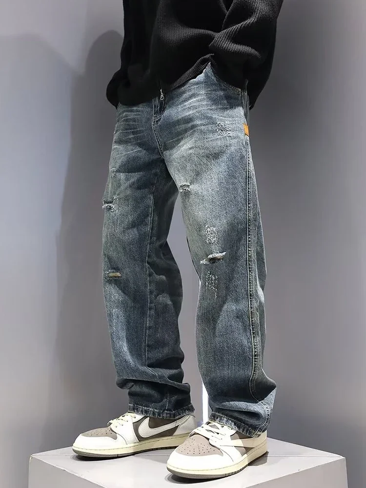 Men's Baggy Ripped Jeans Fashion Hip Hop Hole Streetwear Distressed Washed Trousers Straight Loose American Denim Pants For ripped jeans ripped patchwork jeans