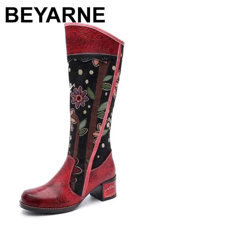 

Vintage Patchwork Western Cowboy Boots Women Shoes Bohemian Genuine Leather Shoes Woman Mid-calf Boots