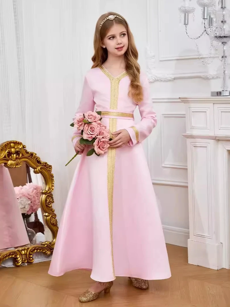 ODIZLI Kids Girls Muslim Abaya Maxi Dress Long Sleeve Snap Fastening