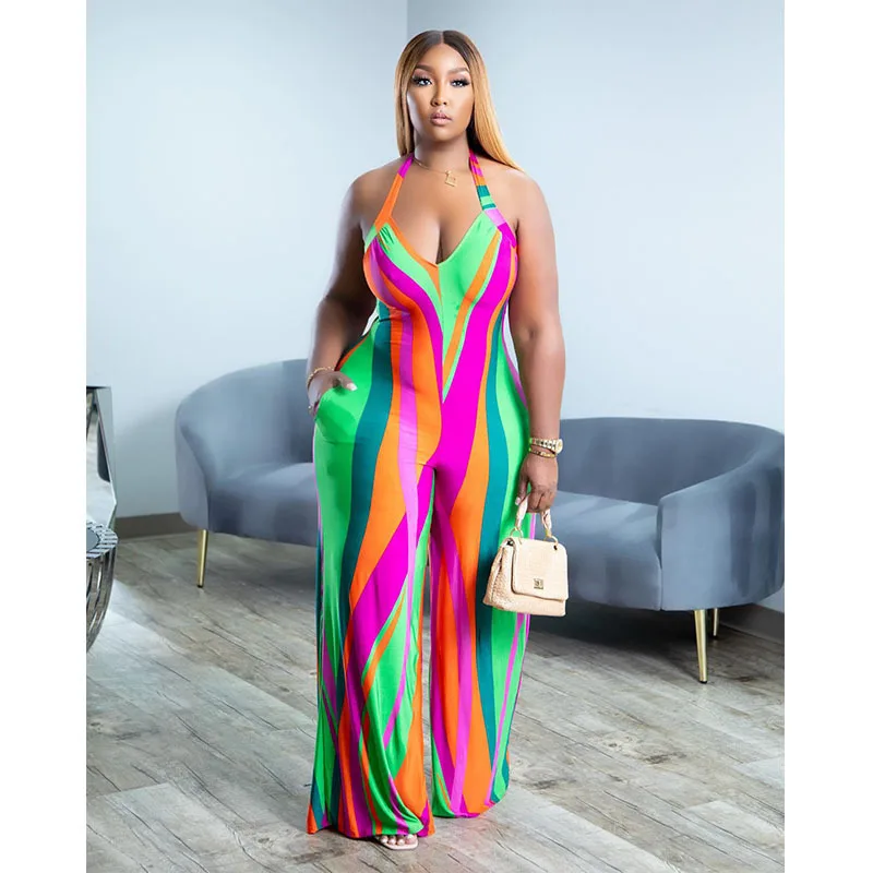 Colorful Print Halter Lace Up Backless Jumpsuit Sexy Slim Elegant Wide Leg Sleeveless Rompers Summer Overalls Clothing