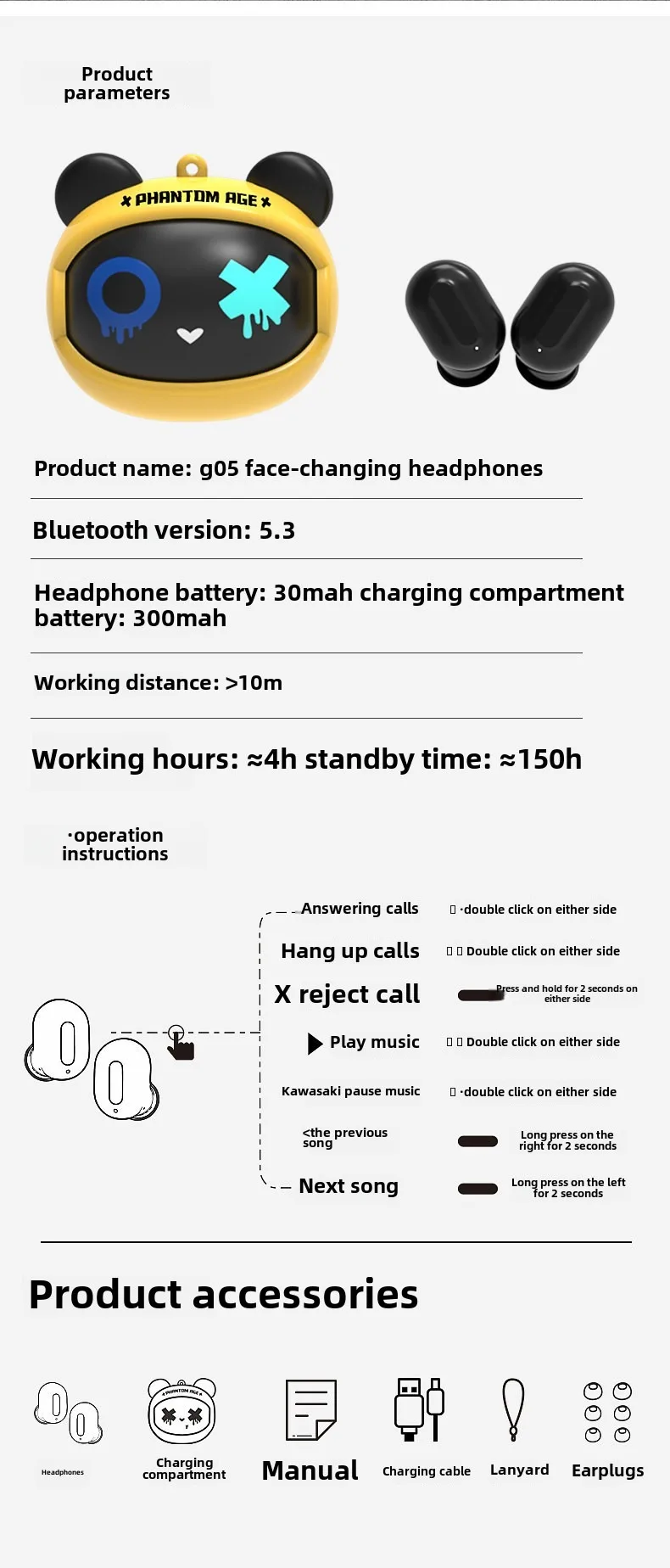 Rotating Face Changing Bluetooth Earphones with Long Battery Life G05D