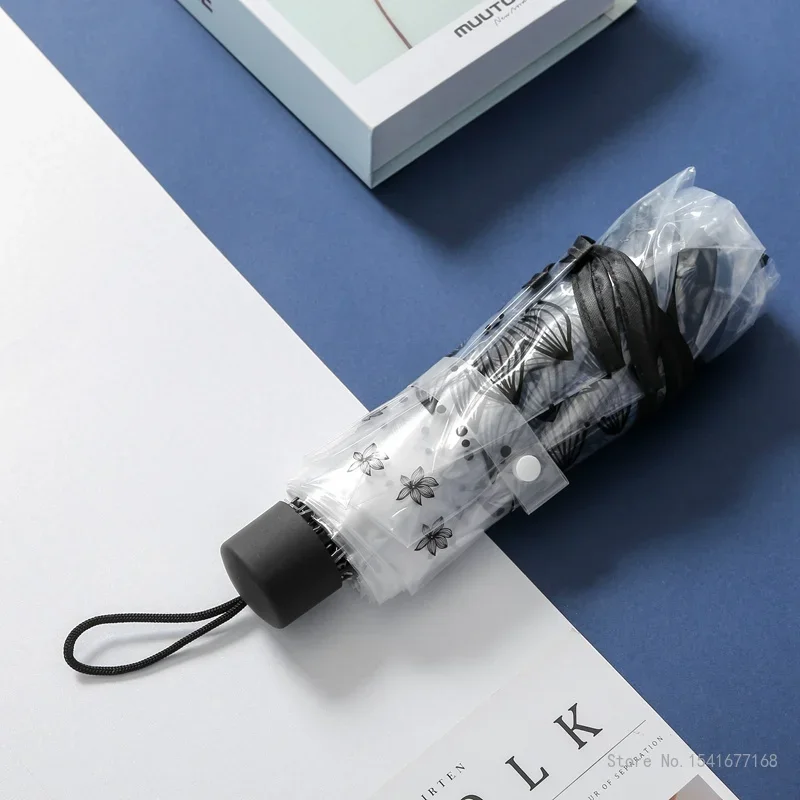 Women's Transparent Thickened Summer Flower Printed Umbrella, Rain Gear Folding Portable Manual Beach Umbrella, 1Pc