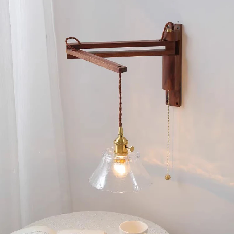 

Складные Выдвижные настенные лампы, скандинавский Ретро светильник из дерева и стекла для спальни, гостиной, чтения, Настенные светильники с кулиской E27