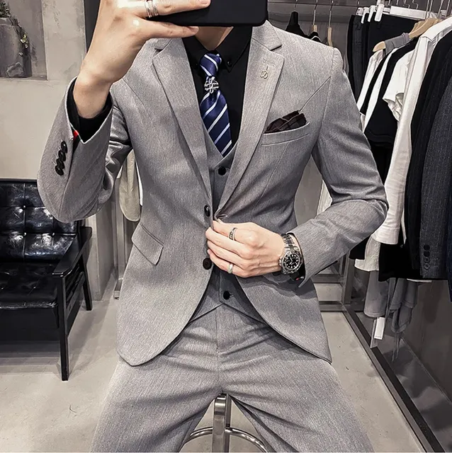 S-7XL (Jacket+Vest+Pants) Fashion Boutique Lattice Formal Business Mens Suit 3Pcs Set Groom Wedding Dress Plaid Suit Show Stage - TZ961 Light grey, XXL (EUR M)