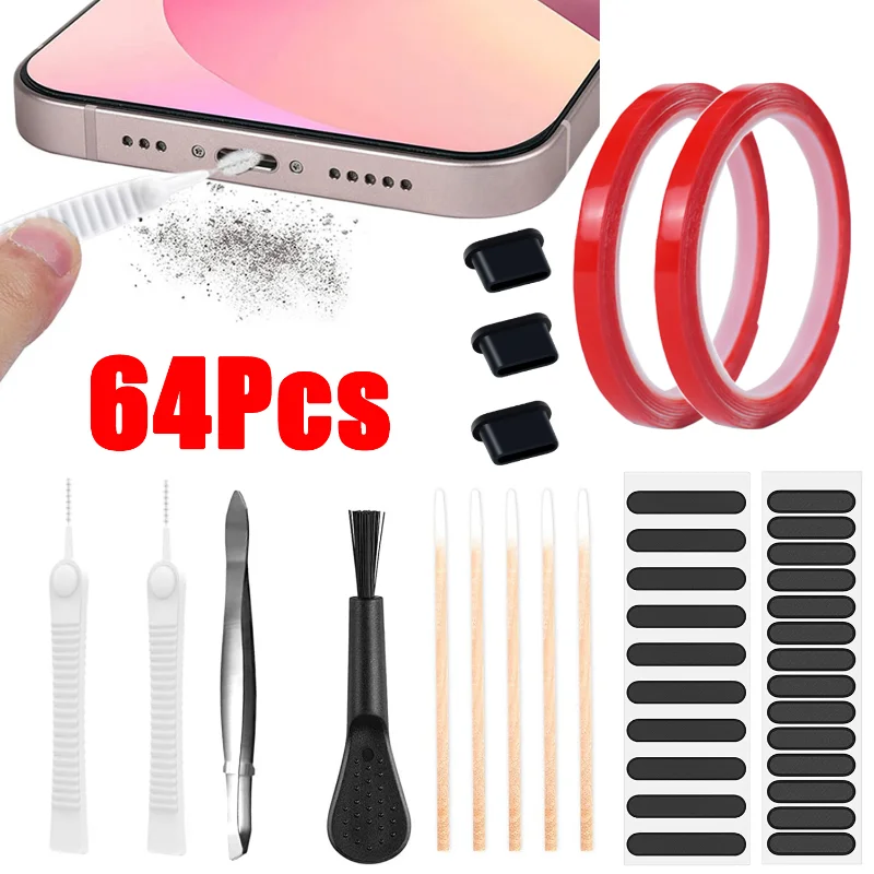64pcs Mobile Phone Speaker Dust Removal Cleaner Tool Kit Universal Dustpproof Cleaning Brush For