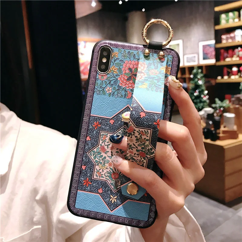 Traditional Flower Soft TPU Phone Holder Case with Wrist Strap Cover