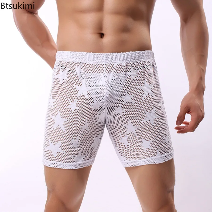 2024 New Men's Sexy See Through Pajamas Shorts Men Mesh Five-pointed Star Underwear Homewear Male Elasticity Sleep Bottoms Homme incerun 2024 american style men s thin homewear cross print see through mesh jumpsuits fashion male sexy long sleeved bodysuits