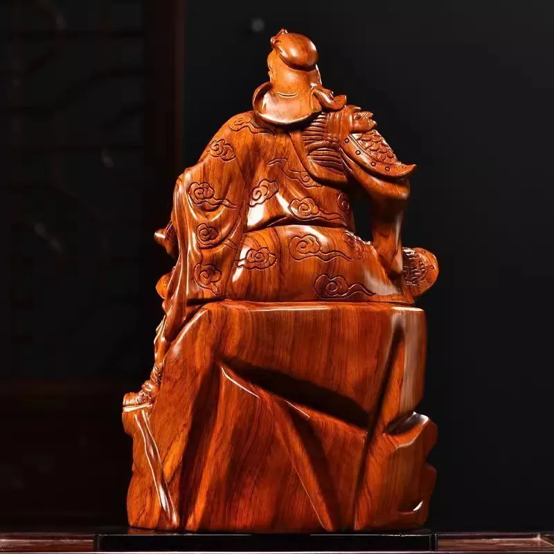Rosewood Scholar Guan Yu Statue - Chinese Wealth God Sculpture for Home & Office, Reading Pose Feng Shui Decor