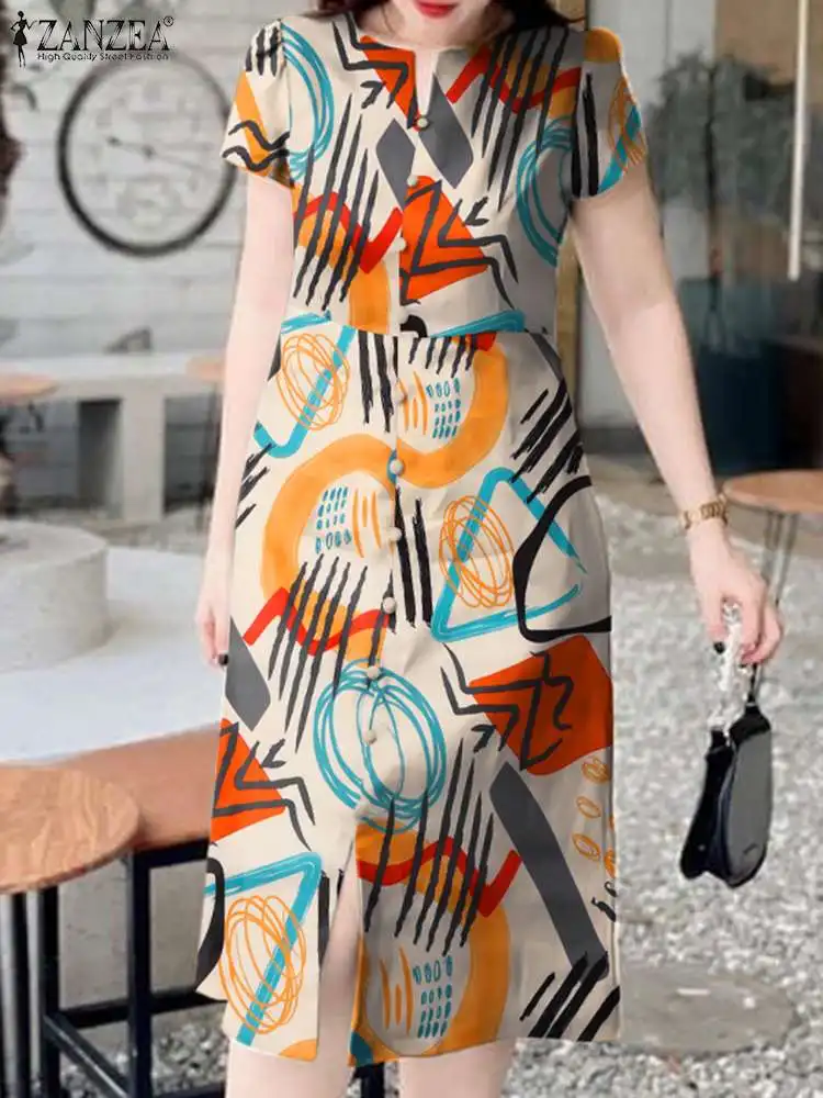 

Women Holiday Short Sleeve Midi Sundress ZANZEA Bohemian Graffiti Printed Dress 2024 Summer V-neck Robe Casual Loose Vestidos