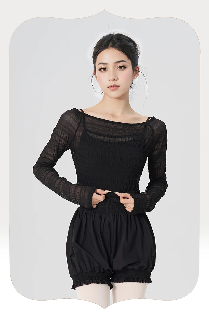 Ballett-Top für Damen, Rüschenärmel, Tanz-Shirt, Sommer, abgeschnittene, taillierte Tanzbekleidung – Detail 7