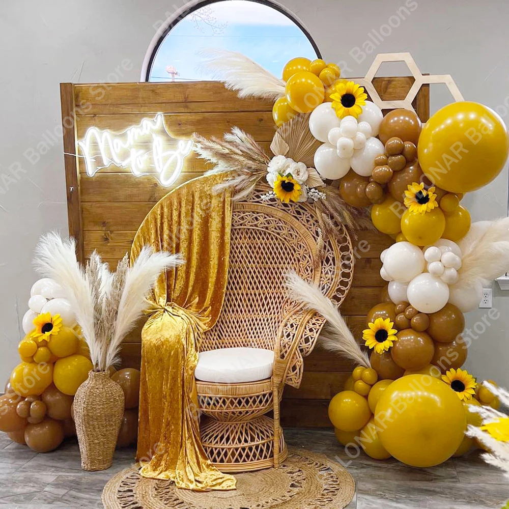 

125pcs Mustard Yellow Balloons Garland Arch Kit Sunflower Theme Birthday Party Supplies Mama To Bee Baby Shower Wedding Decor