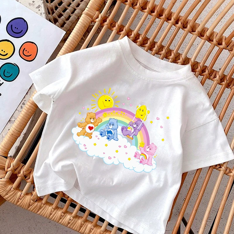 Детская Хлопковая футболка Carebearss с аниме Kawaii, милый маленький медведь, с коротким рукавом, для девочек и мальчиков, летние футболки, модные топы, детская одежда