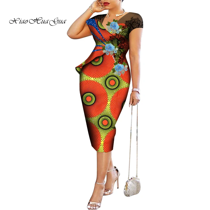 

Elegant Women African Print Dress Bodycon Maxi Dress with Applique Lace Glittering Patchwork Party Dress African Clothing WY8520