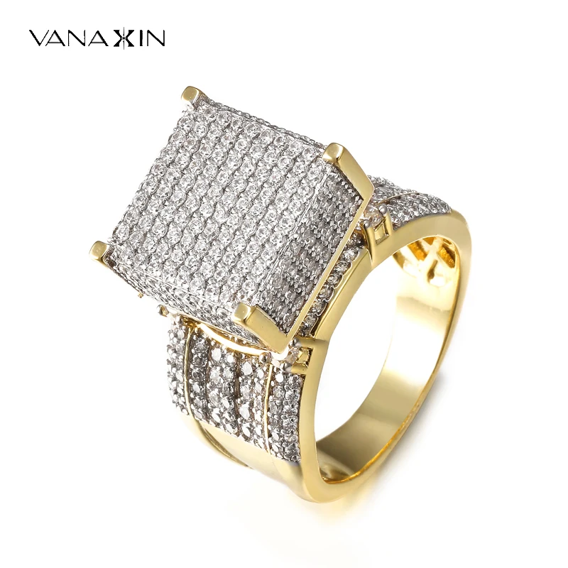 High Quality Men Rings Wide Square 3D Punk Zircon Jewelry Paved CZ Crystal Shiny Gift For Male