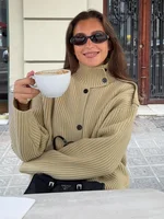 Knitted Women's Cardigan Stand Collar Full Sleeve SingleBreasted Solif Female Cardigans 2025 Autumn Fashion Chic Lady Outwears