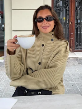 Knitted Women's Cardigan Stand Collar Full Sleeve SingleBreasted Solid Female Cardigans 2026 Spring Fashion Chic Lady Outwears 1