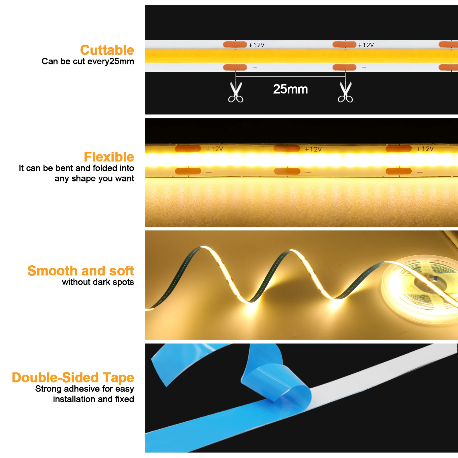 DC 12V 24V COB Strip 320Leds/M White/Pink /Yellow /Ice Blue S104fb055bcce4dc69342997259df30417