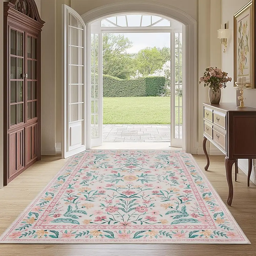 8×10 Washable Pink Boho Floral Area Rug 6
