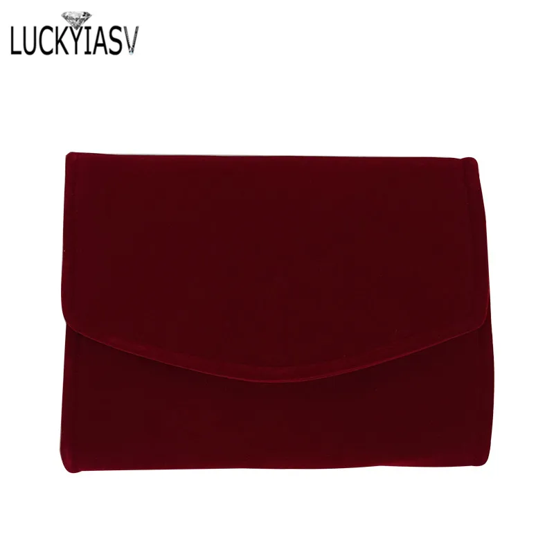 Burgundy Portable Travel Jewelry Organizer Roll Foldable Jewelry Case for Journey-Rings Necklaces Jewerly Storage Velvet Bag