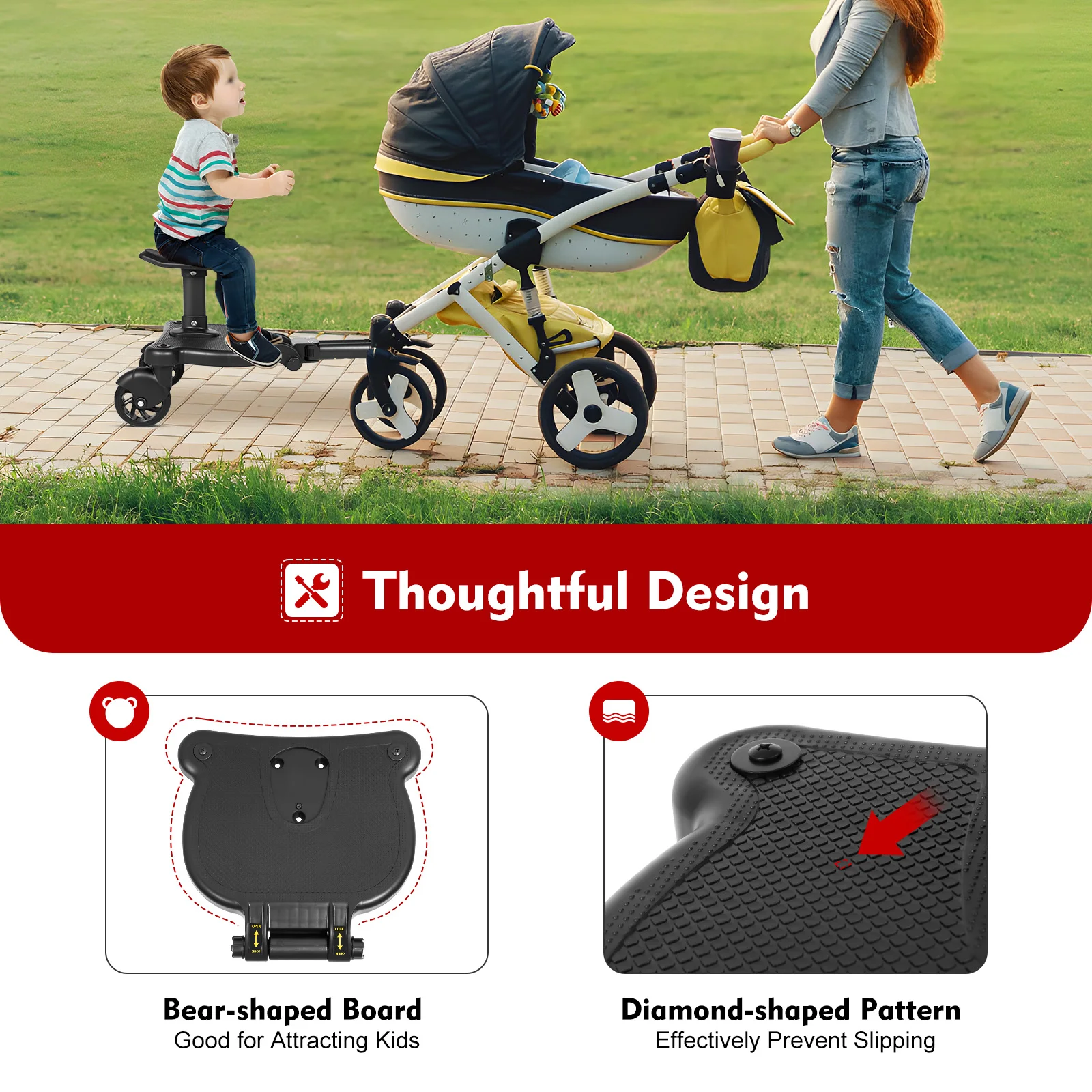 Adjustable 2-in-1 Stroller Ride-On Board with Removable Seat