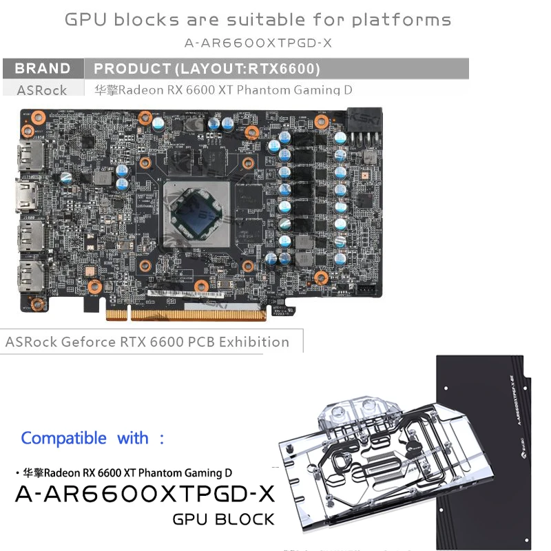 Bykski Water Copper Block Per Asrock Radeon Rx 6600Xt Phantom Gaming D,Gpu Radiatore Raffreddamento Ad Acqua Liquido Di Raffreddamento, A-Ar6600Xtpgd-
