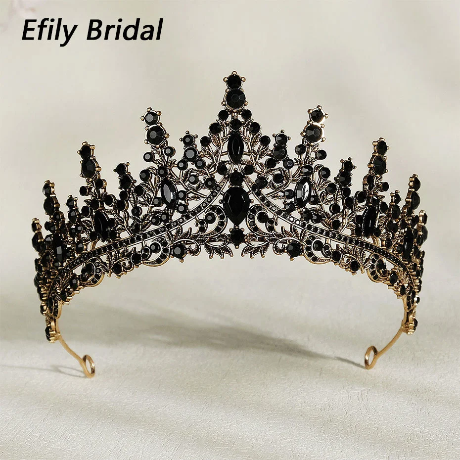 

Efily Baroque Vintage Black Rhinestone Crown Tiara Crystal Wedding Hair Accessories Women Headband Queen Princess Head Jewelry