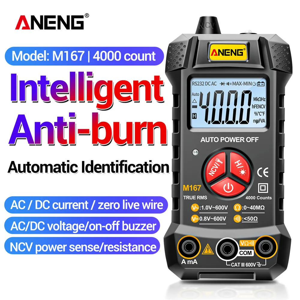 

ANENG M167 Digital Mini Multimeter Tester Auto Multimetro True Rms Tranistor Meter with NCV Data Hold 4000counts Flashlight