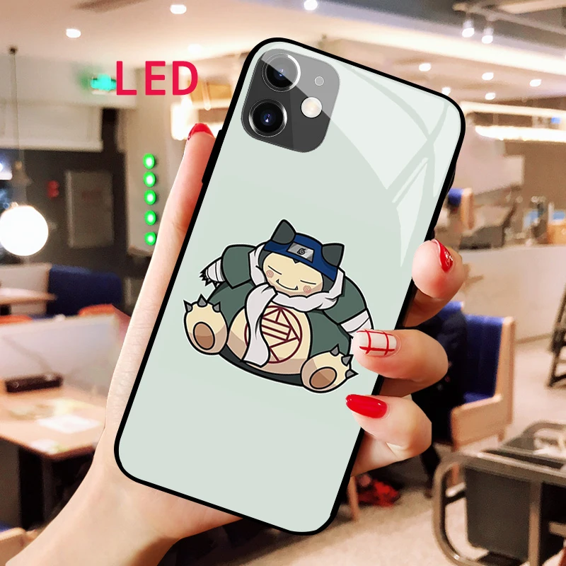 Snorlax Luminous Tempered Glass phone case For Apple iphone 12 11 Pro Max XS mini Acoustic Control Protect LED Backlight cover pattern printing phone case for iphone 13 mini 5 4 inch anti scratch tempered glass pc back tpu frame hybrid shockproof cover moon