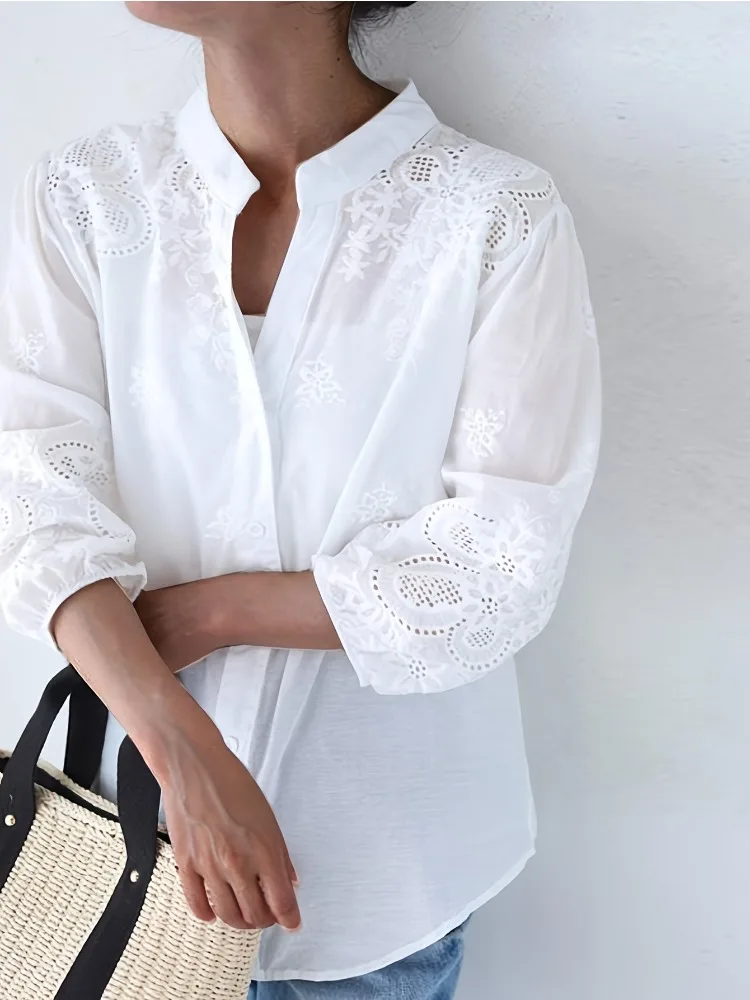 Fashion New Retro Women's Embroidered Hollow White Three-quarter Sleeved Shirt Elegant V-Neck Office Casual Pullover Shirt