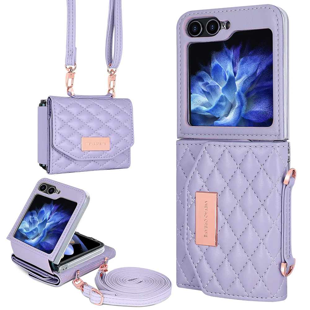 Crossbody Kaarten Solt Lieder Portemonnaie Hülle fir Samsung Galaxy Z Flip 6 5 4 3 5G Flip6 Flip5 Riemen Diamant Dräifach Falt Täsch Cover_voghion.com