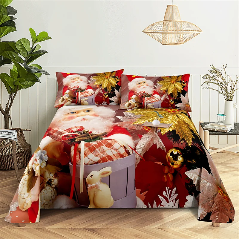 Santa Claus Queen Sheet Set Kid's Flat Sheet Boys and Girls Bed Sheets and Pillowcases Christmas Gifts Bed Sheet Set Bedding Set