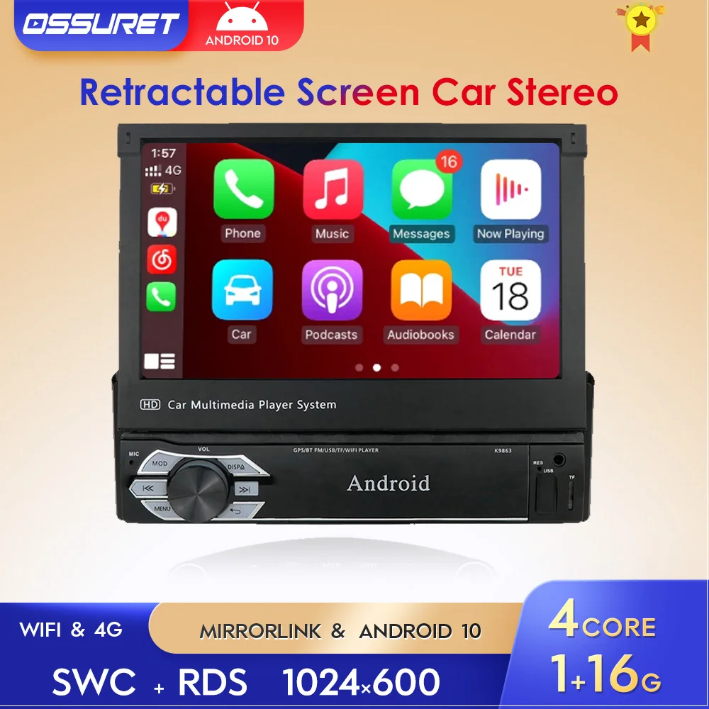1 Din 7 ''Универсальный четырехъядерный Android 10 ГБ ОЗУ автомобильный