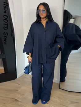 Loose Shirt Pants Set Women Solid Lapel Collar Single Breasted Full Sleeve Pocket Top Wide Leg Pants 2 Pieces 2026 Spring Outfit 1