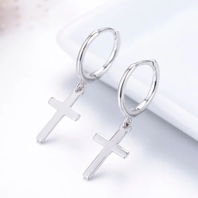 Cute 925 Sterling Silver Small Circle Loop Cross Charm Hoop Earrings For Women Girls Jewelry Pendiente Aros Oorbellen Orecchini 4