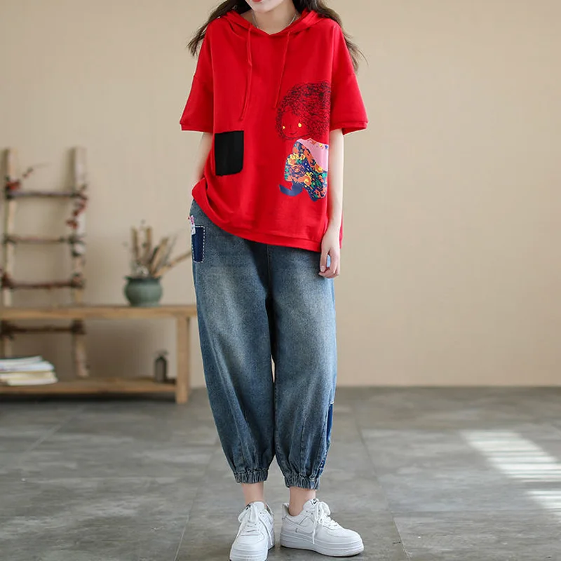 2023 New Summer Fashion Trend Hooded Patchwork Pocket Print Loose Casual Slimming Sports Short Sleeved Women's Oversized T-shirt