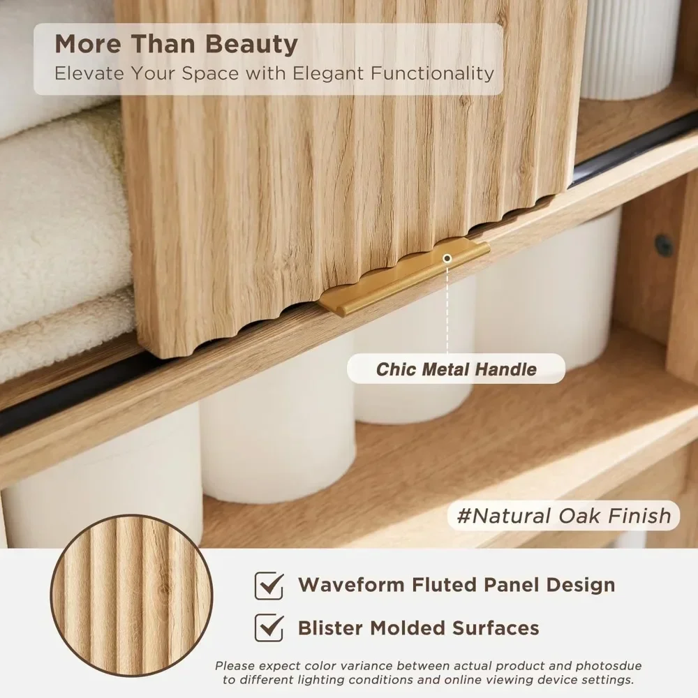 Toilet Storage Cabinet with Fluted Sliding Door, Profile Rack Organizer for Bathroom, 68" Wood Space Saver w/ Adjustable Shelf