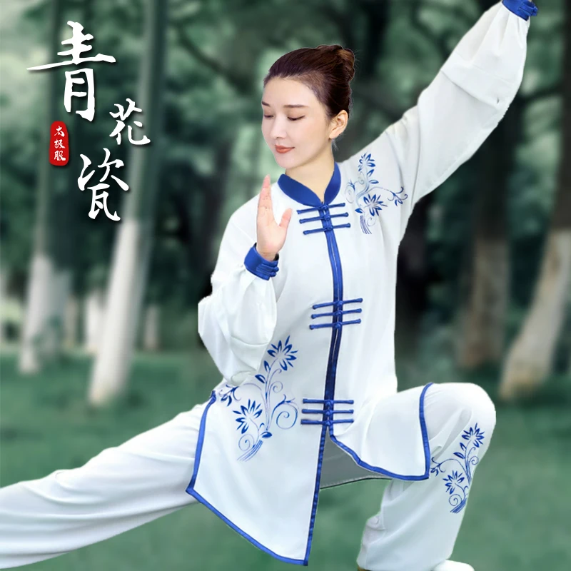 

Wudang Tai Chi Dress Female Blue And White Porcelain Embroidery Performance Competition Training Dress Male Autumn Clothing