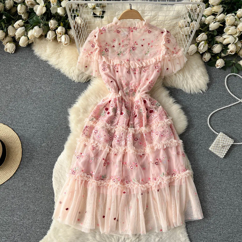 Brand Women New Fashion Mesh Flowers Embroidery Summer Dress Ladies O Neck  Vintage Mini Dresses Vestidos Female Clothing