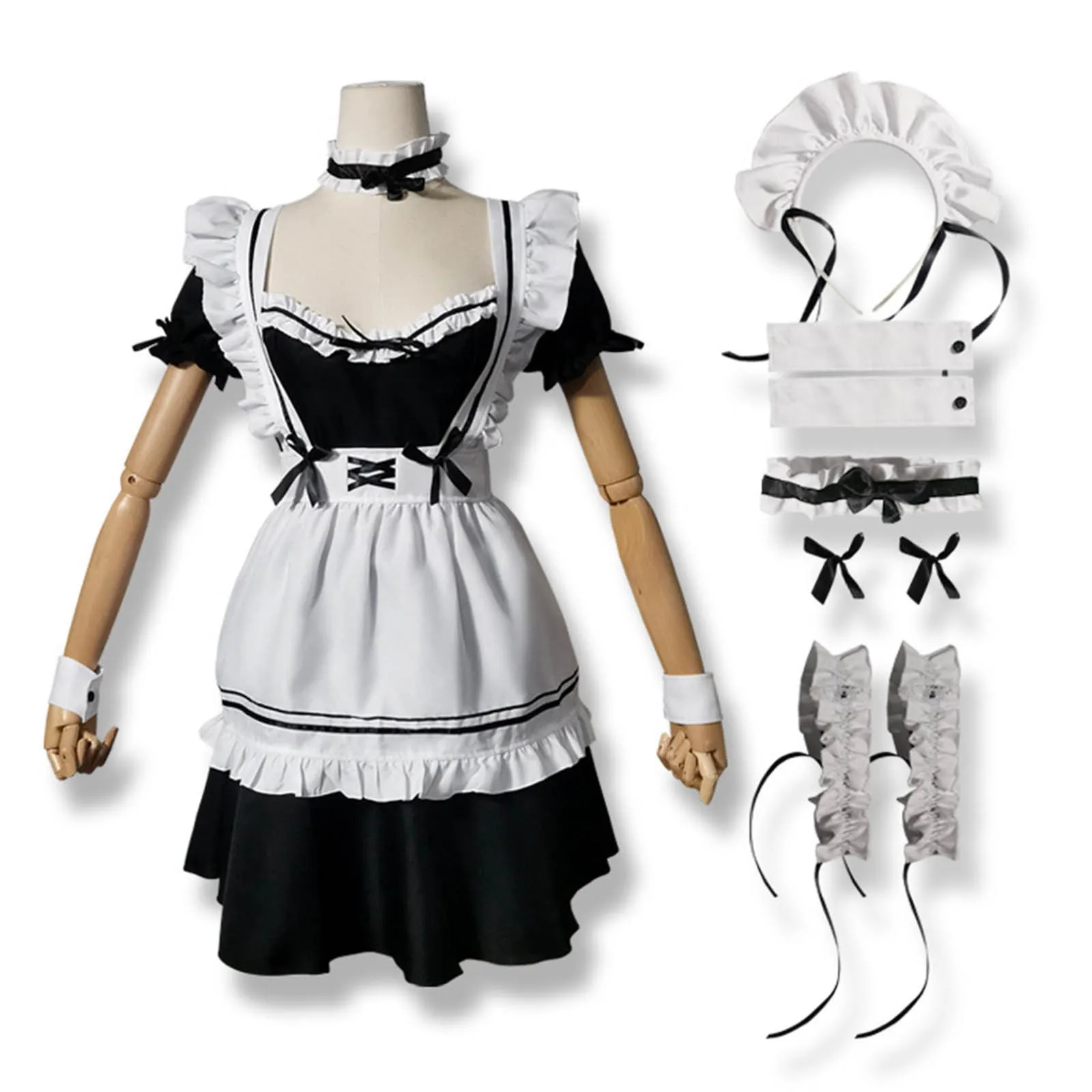 

8pc Black White Cute Lolita Maid Suits Girls Women Lovely Maid Cosplay Costumes Animation Perfemance Dresses Sets 8 Piece Lolita