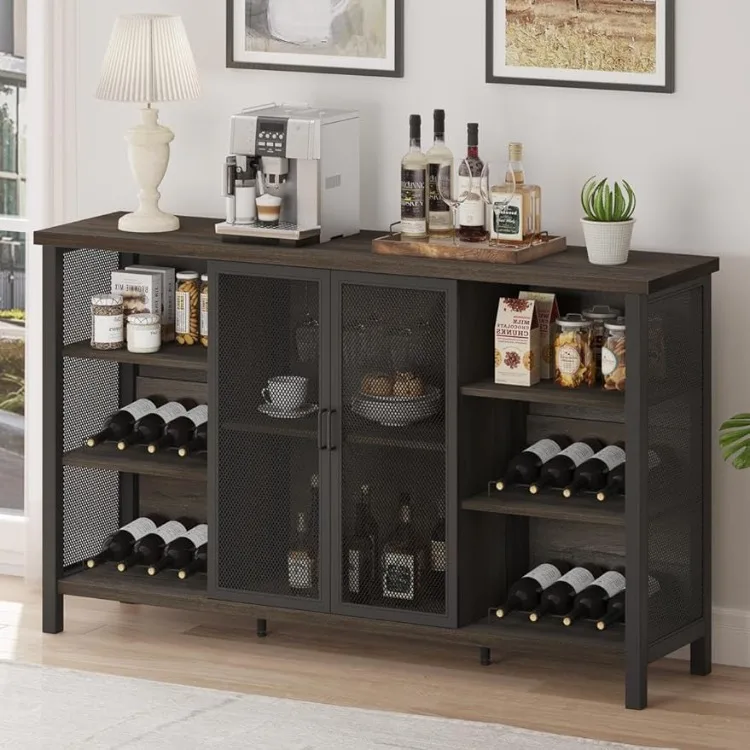 FATORRI Wine Bar Cabinet for Liquor and Glasses, Industrial Coffee Bar Cabinet, Farmhouse Sideboard and Buffet Cabinet