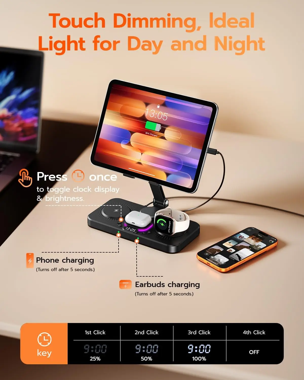 TIMESS 6 in 1 Charging Station Charger For IPhone17 16 15 with Clock & Light 15W Fast Foldable Wired Charging Stand for IPad/Tab