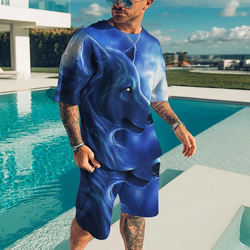Summer Men Casual T-shirt Sets For Man Tracksuit Fashion 2-piece Oversize Outfit Animal Lion Tiger Suit Gym Streetwear 2023