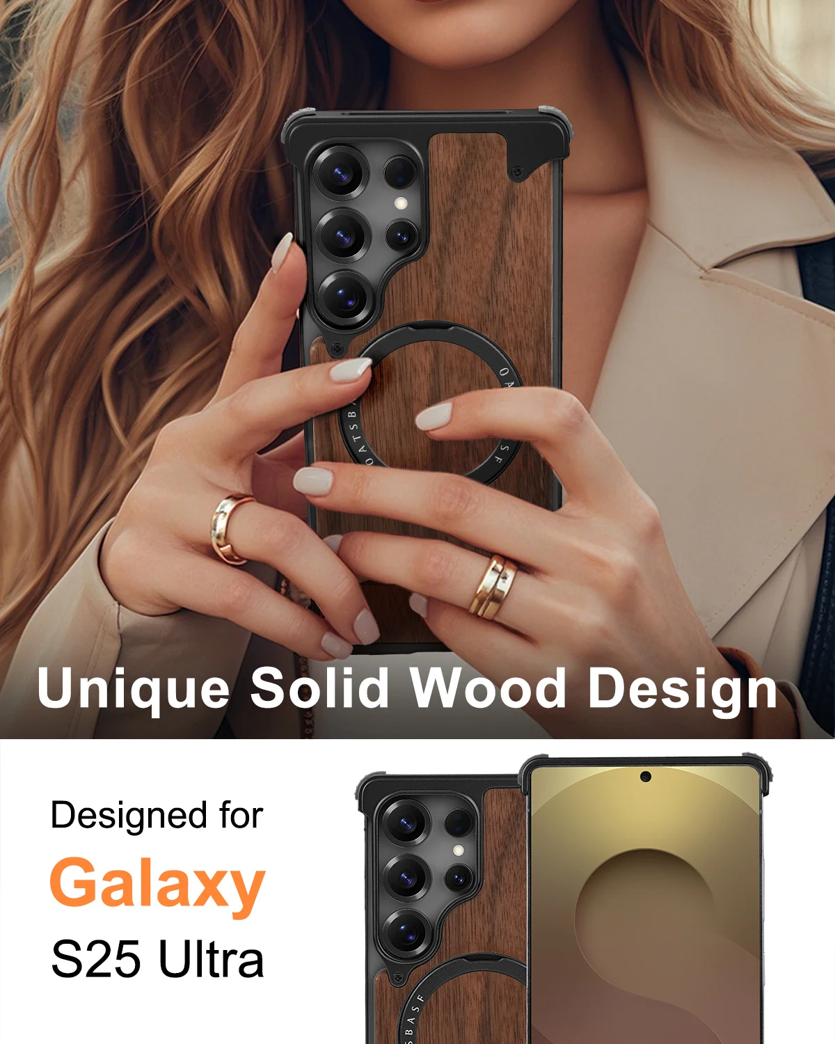 Eary Premium Wood Phone Case for Samsung Galaxy S25 S24 Ultra With Magsafe 360° Rotation Ring Stand Frameless Protective Bumper
