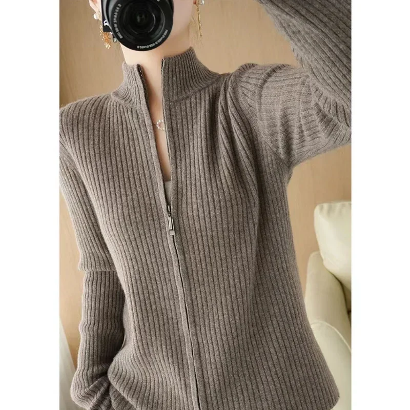 New Autumn Winter Wool Suit Women's Stand Collar Pure Wool Knit Two-Piece Zipper Cardigan Wide Leg Pants Solid Color Loose