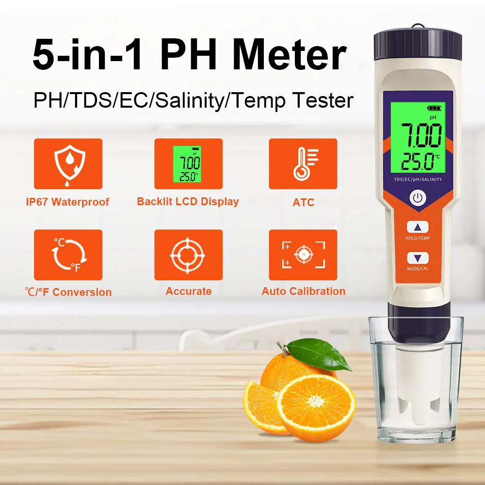 

Digital Aquariums Meter Water Quality Monitor Tester 5 in 1 TDS/EC/PH/Salinity/Temperature Tester for Hydroponic Drinking Water