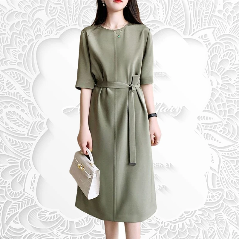 

Dress 2023 Spring Summer New Design Fashion Solid Round Neck High Quality Mid length Dresses