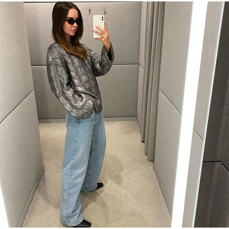 Vintage Knitted O-neck Sweater Women Casual Loose Sliver Long Sleeve Pullover Sweaters Female Winter Chic High Street Knitwear