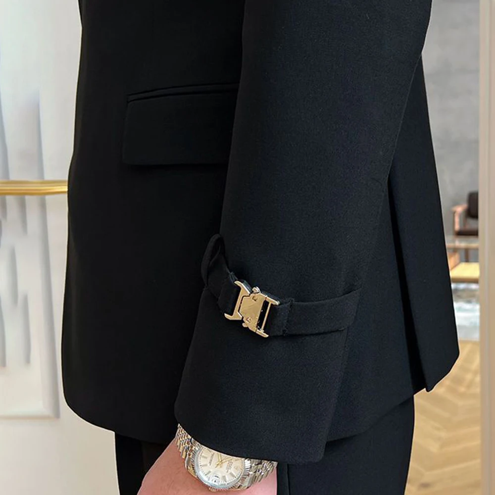 British Style Black Suit Jacket Male Elegant Gentleman Business Casual Professional Formal Dress Body Belt A Double Breasted 6