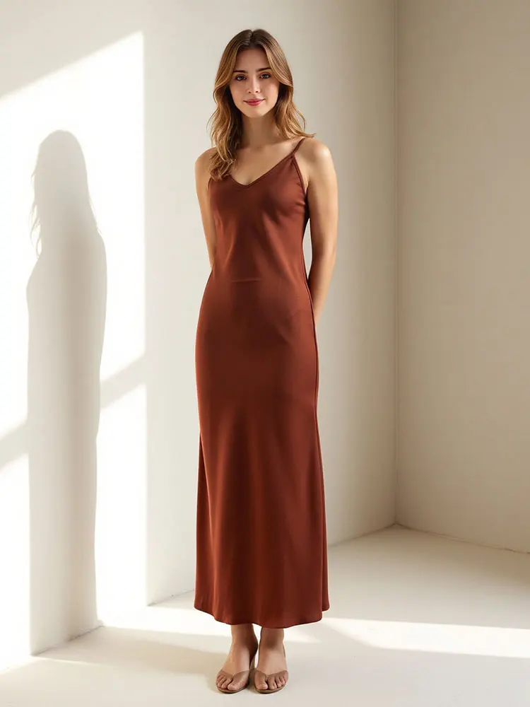 HH Women Elegant Solid Satin Texture Dress Thin Strap Slim Long Dresses 2025 Spring Summer  Sexy Lady Backless Party Dress